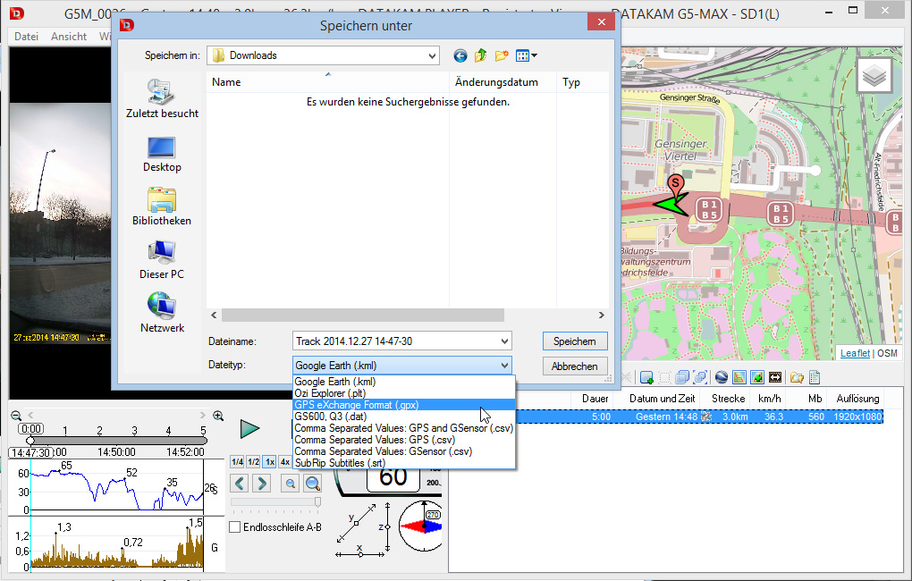 GPS Route aus Dashcam Video exportieren